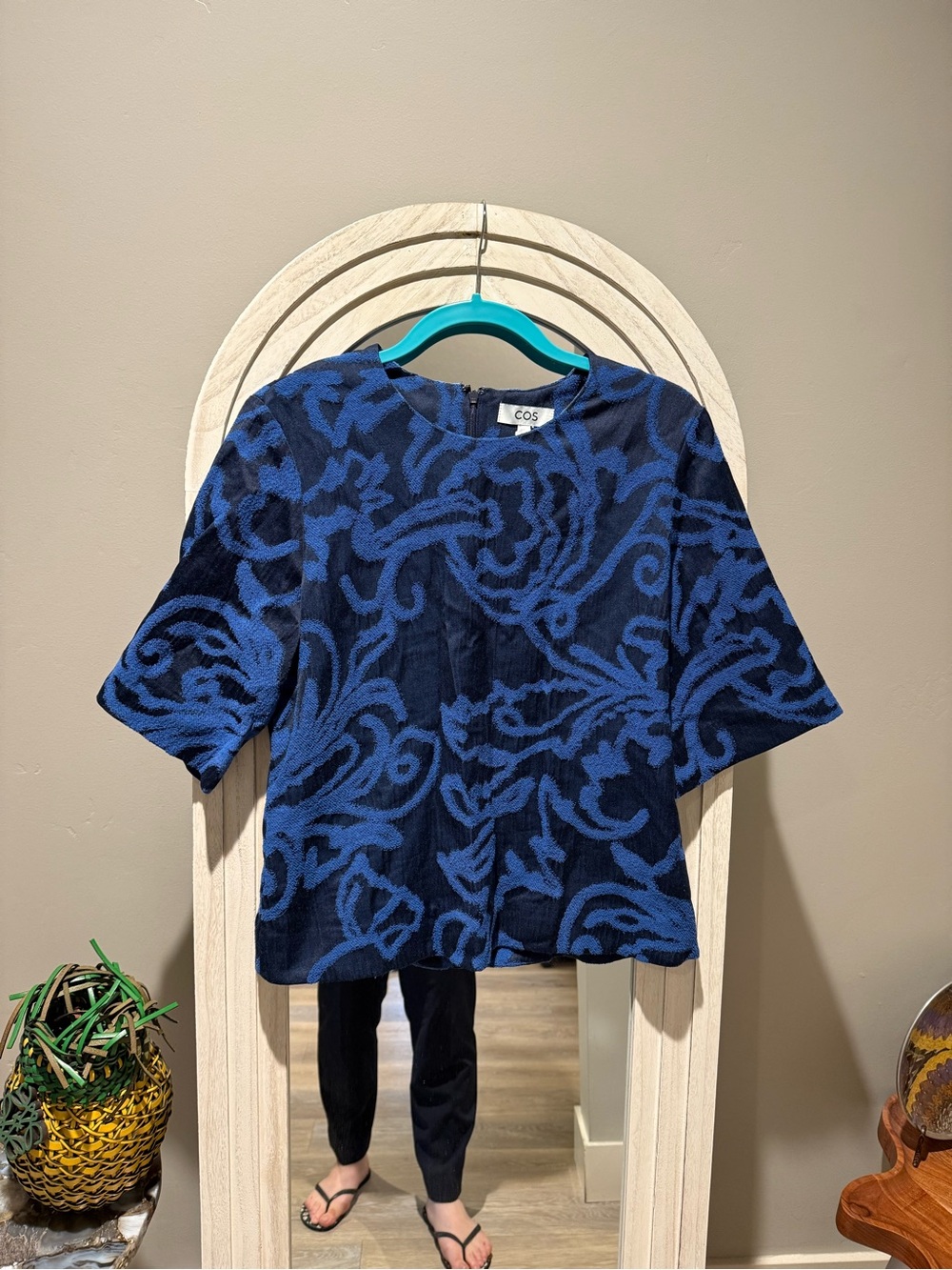 COS Navy and Royal Blue Short-Sleeve Patterned Top Size 12
